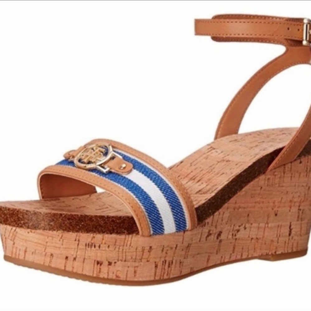 Tommy Hilfiger Hesley Wedge Platform Ankle Strap Sandals - Size 9 Blue & White